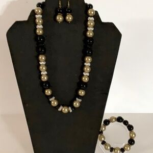 Hand Crafted Jewelry Set Black Gold Pearl 3 Pc. Necklace Bracelet Earrings